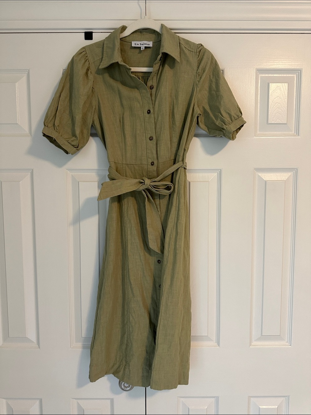 En Saison Olive Green Button-Front Shirt Dress with Tie Waist
